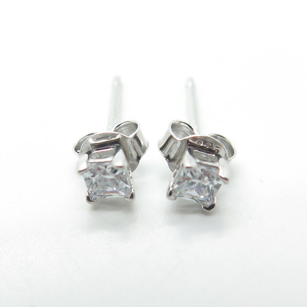 925 Sterling Silver Princess-Cut Shaped C Z Stud Earrings - Picture 7 of 9
